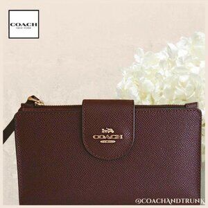 COACH Cross Grain Leather Cranberry Tech Phone Wallet Gold Accents NWT